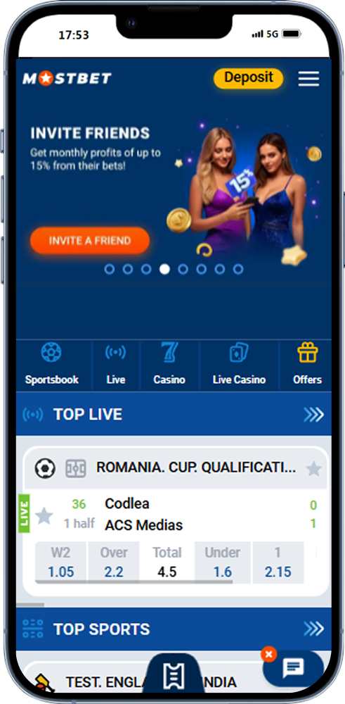 Mostbet app main page screenshot showing live events list